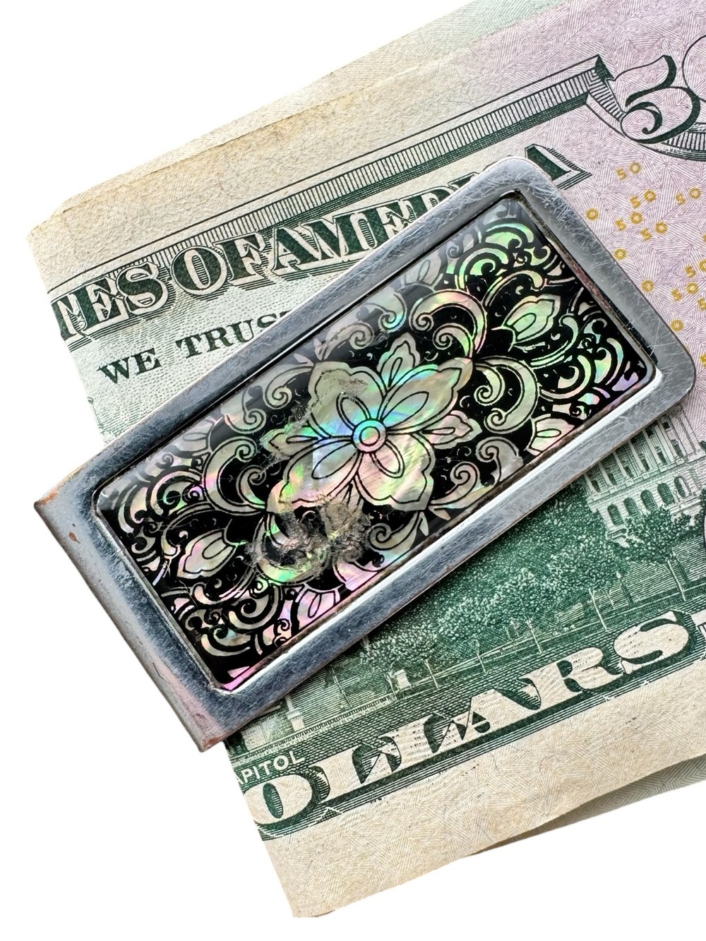 Vintage Iridescent Floral Money Clip - Black and Mother-of-Pearl Accents